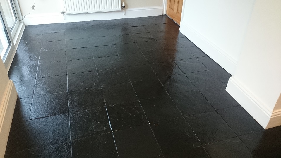 Black Slate Floor Cleaned and High Shine Sealed